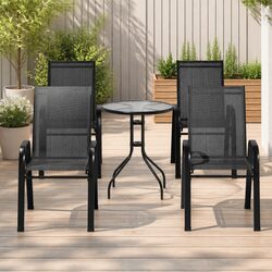 5PC Bistro Set Outdoor Stackable Chairs Table Black Tempered Glass Garden