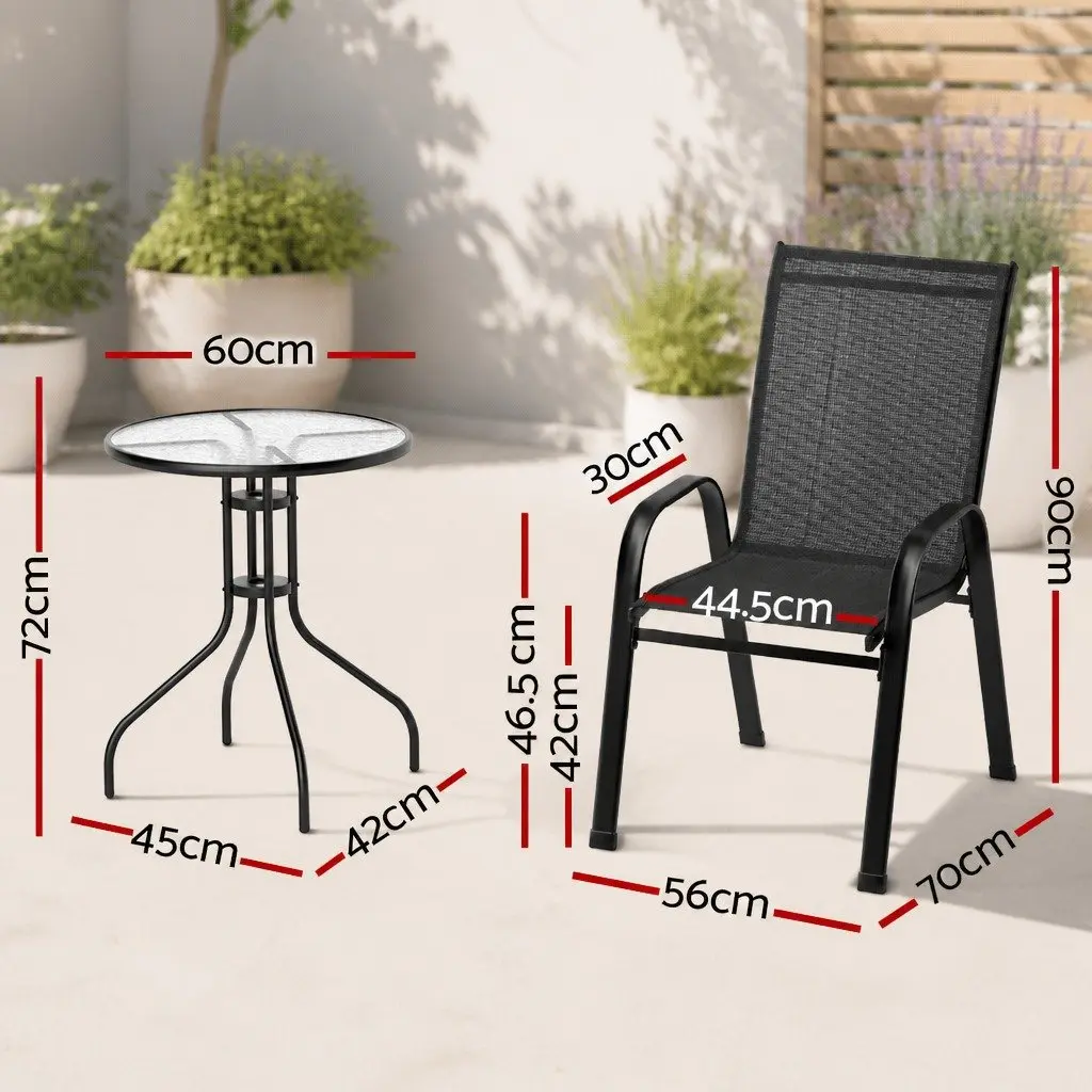 5 Piece Bistro Set Outdoor Stackable Chairs and Table Black Tempered Glass
