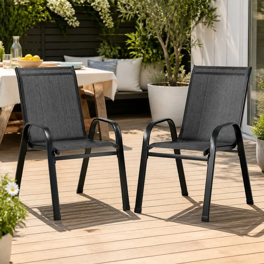 Outdoor Stackable Dining Chairs Set of 2 Steel Frame Textilene Fabric Black