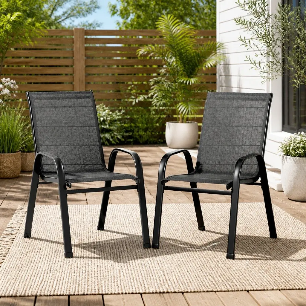Outdoor Stackable Dining Chairs Set of 2 Steel Frame Textilene Fabric Black