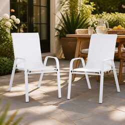 Outdoor Stackable Dining Chairs White Patio Lounge Furniture Set of 2 Textilene