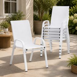 Outdoor Stackable Dining Chairs White Set 6PC Patio Lounge Furniture Steel Frame