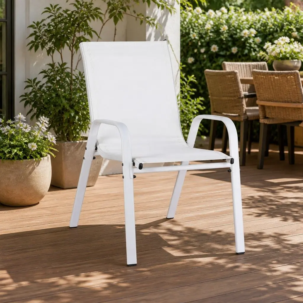 Outdoor Dining Chairs Stackable Set 6PC White Steel Frame Textilene Fabric