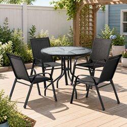 Outdoor Dining Set Black Table and 4 Stackable Chairs Patio Garden Furniture