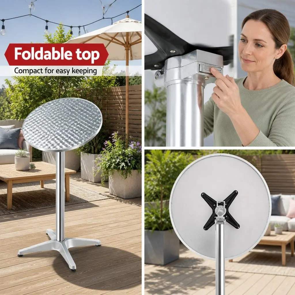 Round Bar Table Adjustable Height Foldable Aluminium Stainless Steel Modern Silver