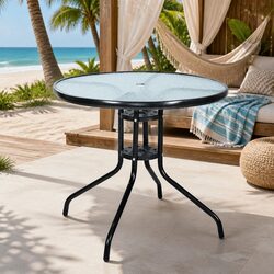 Outdoor Bar Table Tempered Glass Cafe Dining Steel Frame Parasol Hole Black