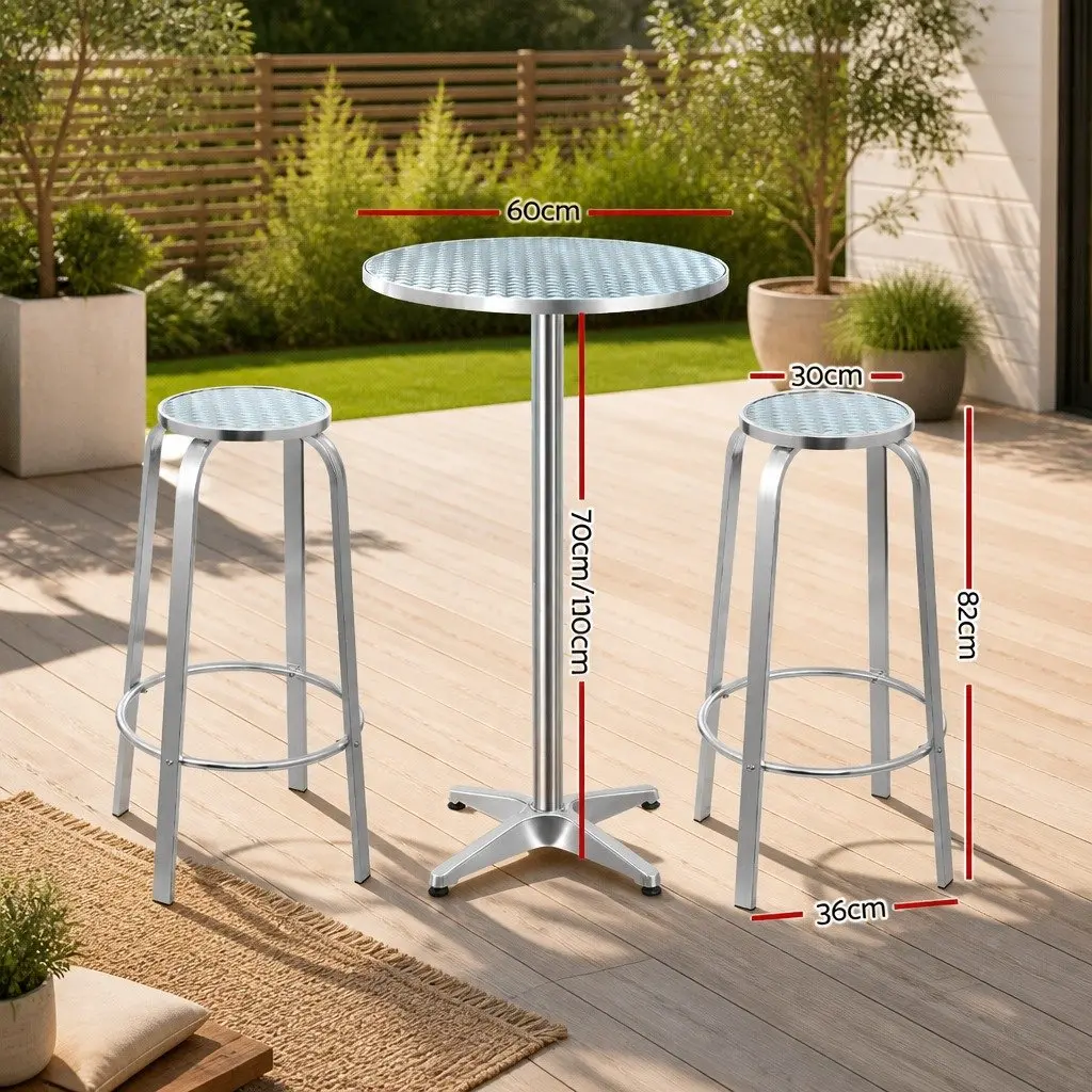 Outdoor Bar Set Height-Adjustable Round Table and 2 Stools Silver