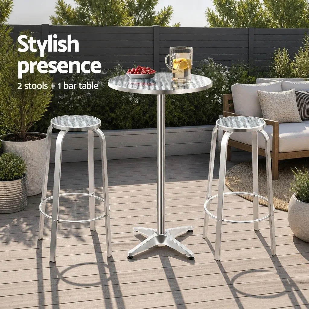 Outdoor Bar Set Height-Adjustable Round Table and 2 Stools Silver
