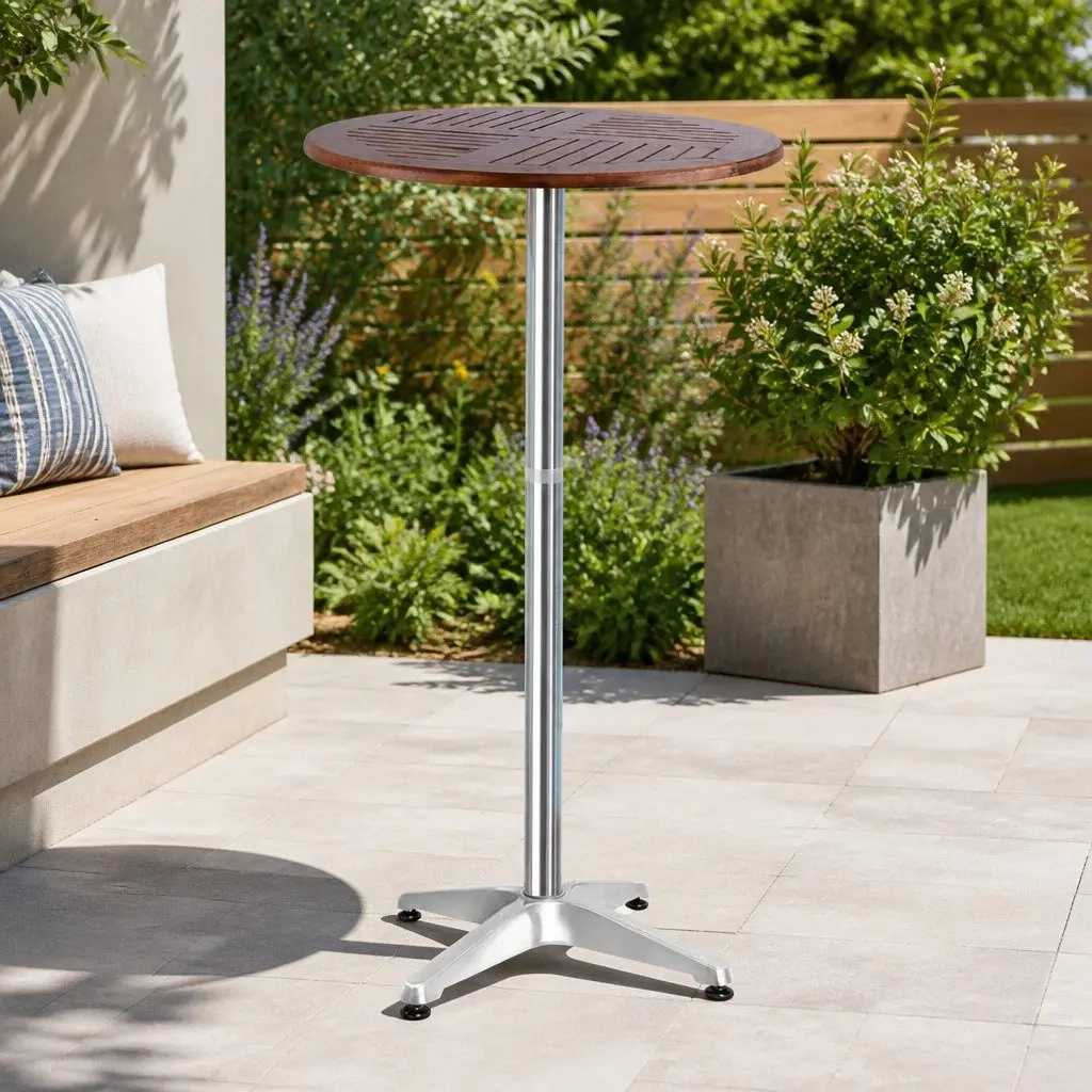 Outdoor Bar Table Round Hardwood Top Foldable Adjustable Height Aluminium Pole