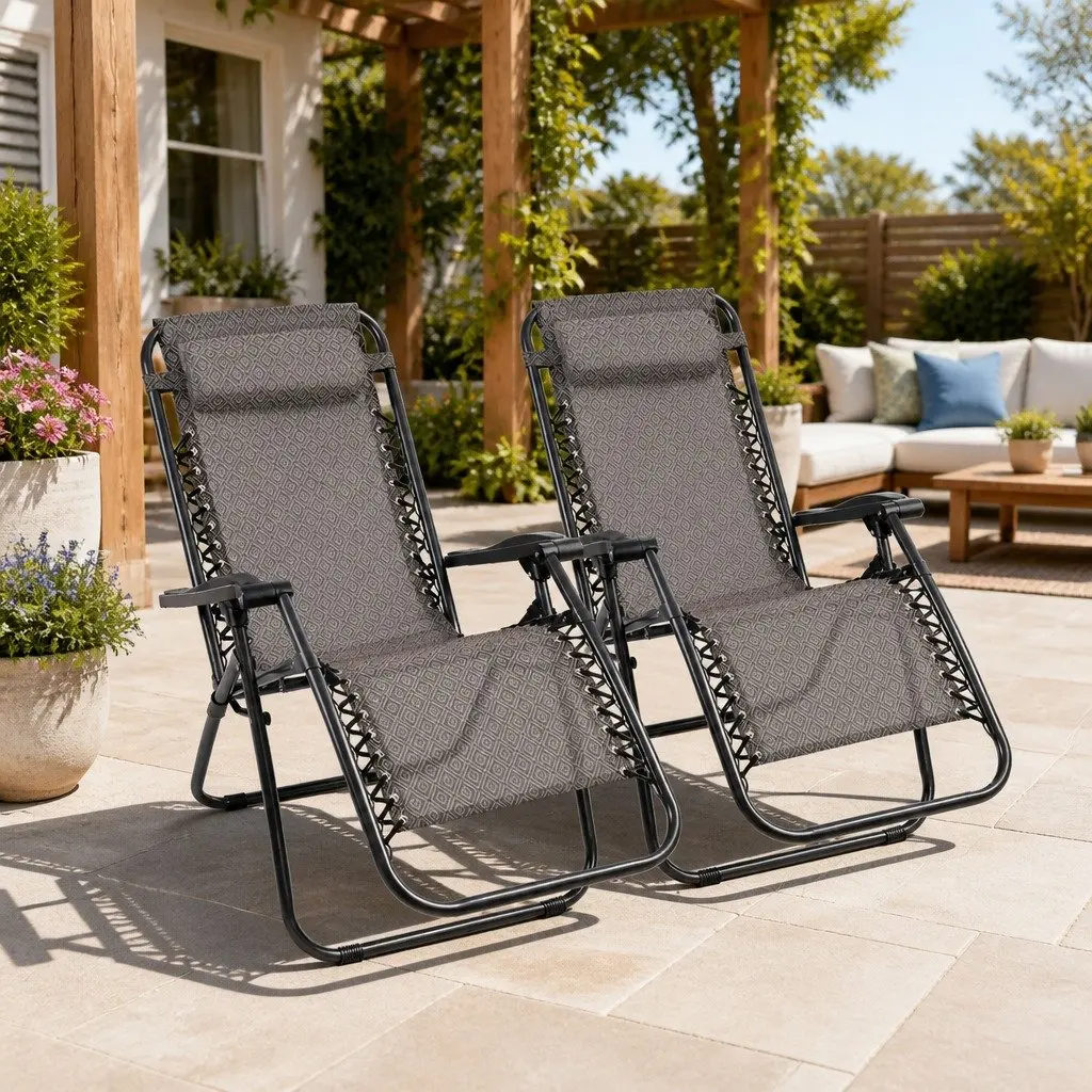 2PC Zero Gravity Reclining Chair Folding Outdoor Lounger Adjustable Beige