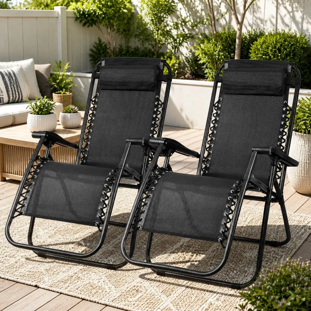 2PC Zero Gravity Reclining Chair Adjustable Folding Outdoor Lounge Black