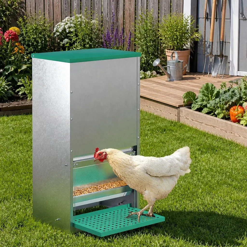 Automatic Chicken Feeder Treadle Weight Activated 30L Galvanised Steel Silver and Green
