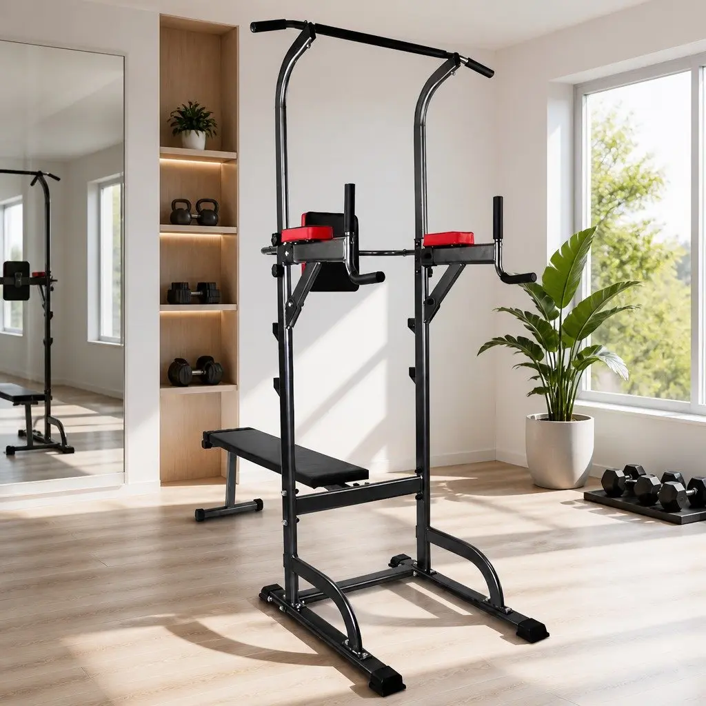 Multi-Function Exercise Tower Bench Press Chin Up Bar Home Gym Station Grey