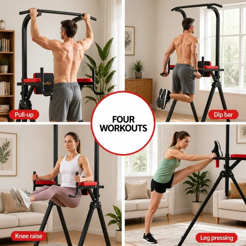 Chin Up Tower Adjustable Folding Dip Station Multi-Function Home Gym Black Red