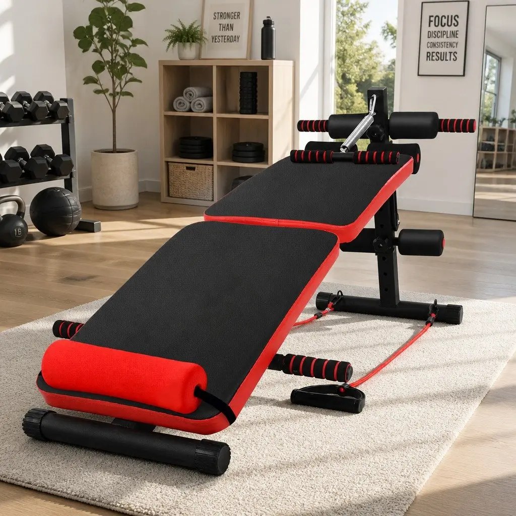 Foldable Sit Up Bench Adjustable Height Abdominal Exercise Equipment Black or Red