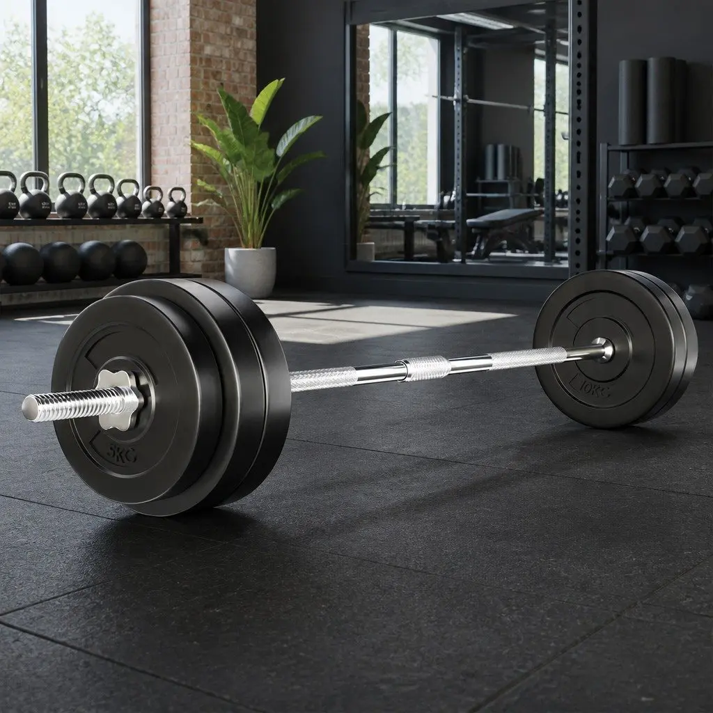 Barbell Set 58kg Rubber Weight Plates 168cm Steel Bar Home Gym Exercise