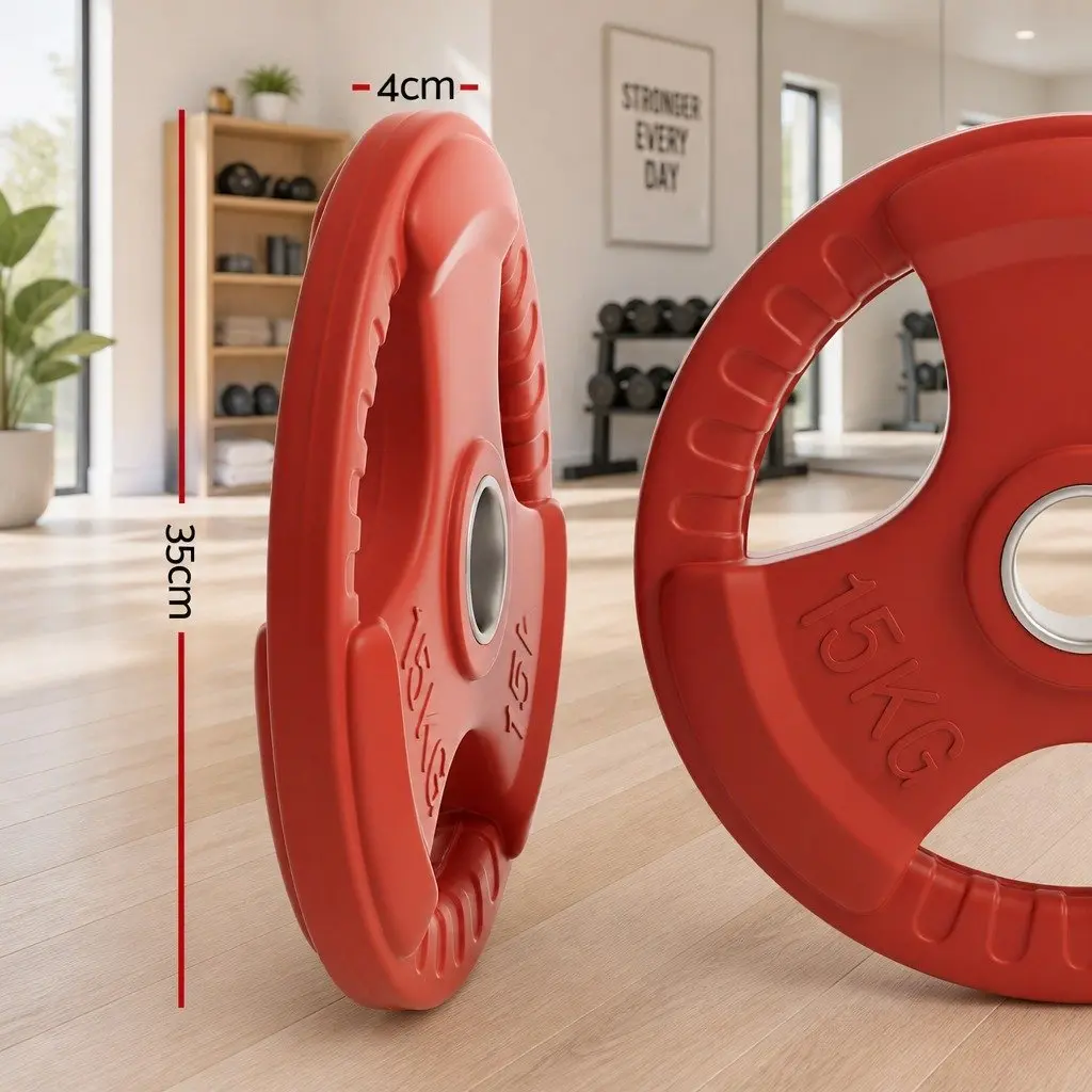 Weight Plate 15kg Cast Iron Rubber Coated Red Three-Hole Grip for Dumbbell Barbell Lifting
