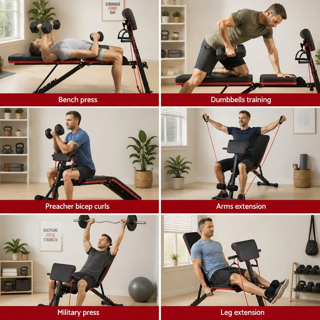 Adjustable Weight Bench with Preacher Curl 8 Incline Levels Black Heavy-duty Steel Frame