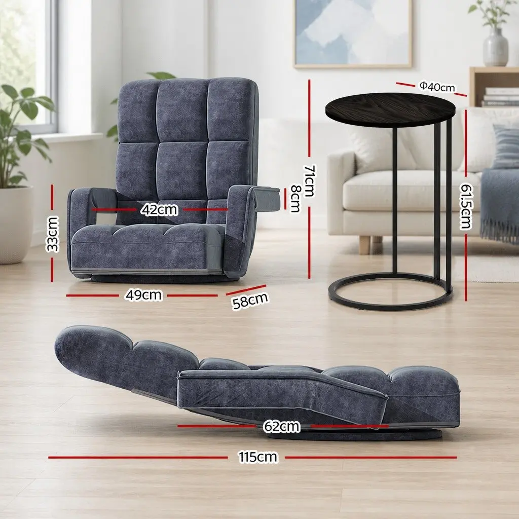 Floor Lounge Chair Adjustable Swivel Charcoal and C-Shape Side Table Black