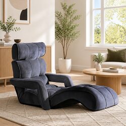 Lounge Sofa Bed with Armrest Adjustable Flocking Fabric Charcoal Floor Chair