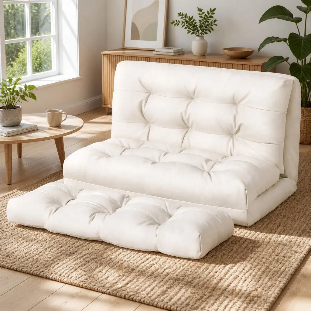 Floor Sofa Bed 2 Seater Reclining Foldable with Pillow Beige