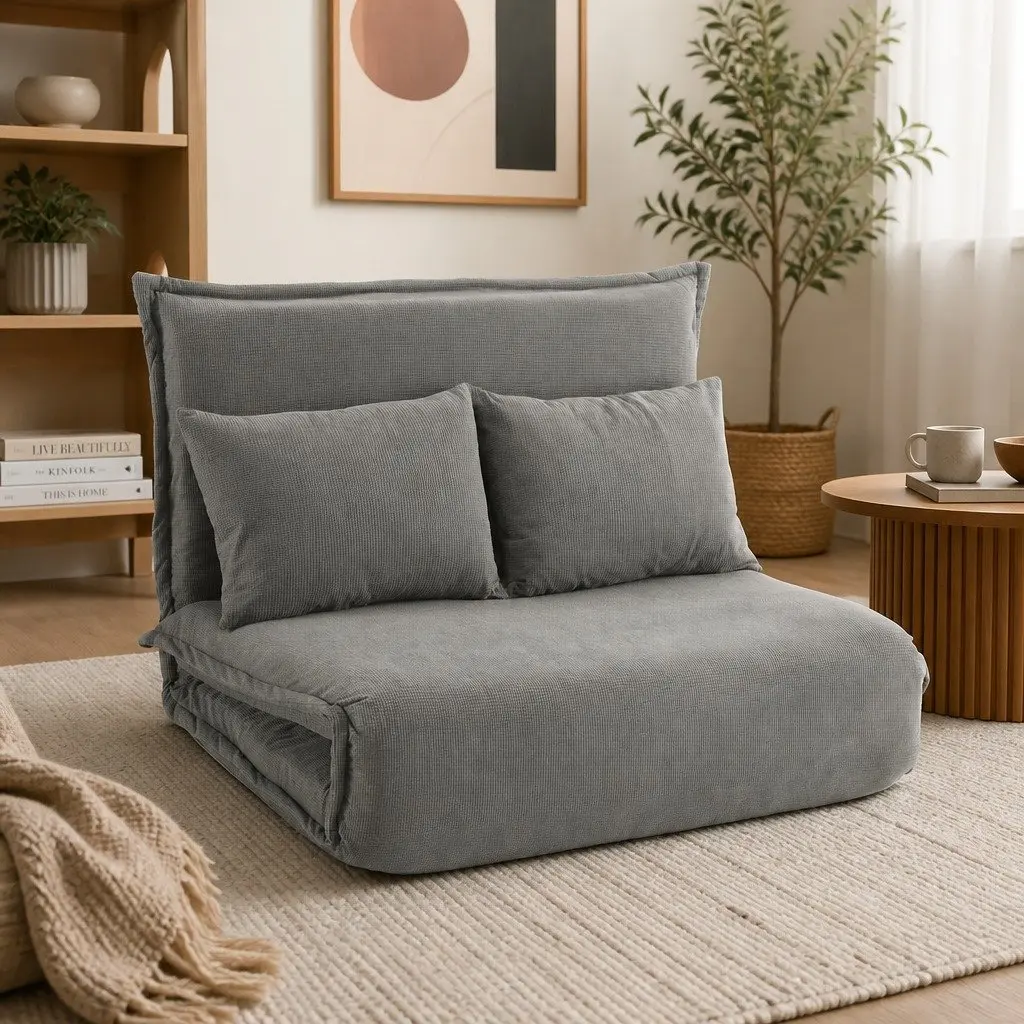 2-Seater Floor Lounge Sofa Bed Foldable Adjustable Grey Arm Chair