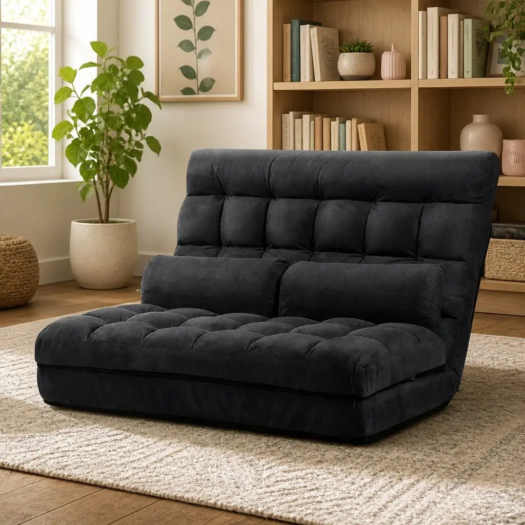 Floor Lounge Sofa Bed 2-Seater Charcoal Adjustable Reclining Lounger Foldable