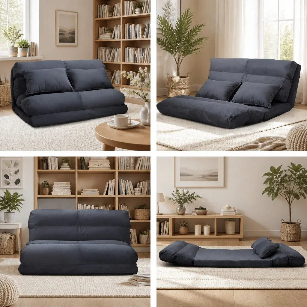 Floor Lounge Sofa Bed 2-Seater Adjustable 5-Position Charcoal Foldable Couch