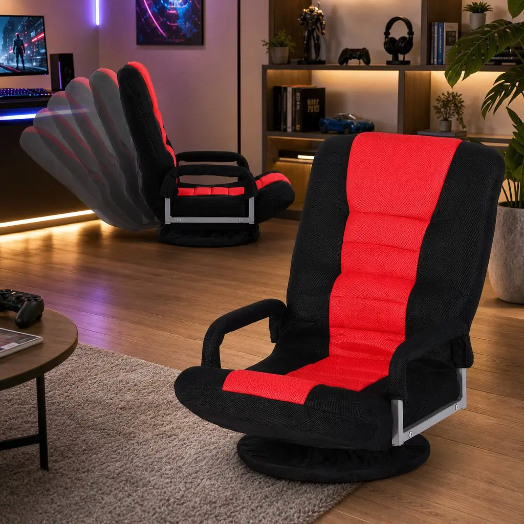 Floor Gaming Chair 360 Swivel Adjustable Backrest Foldable Compact Black and Red