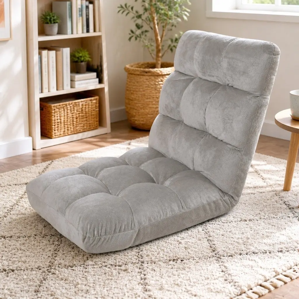 Lounge Sofa Chair Adjustable Reading Recliner Grey Flannel Fabric Foldable