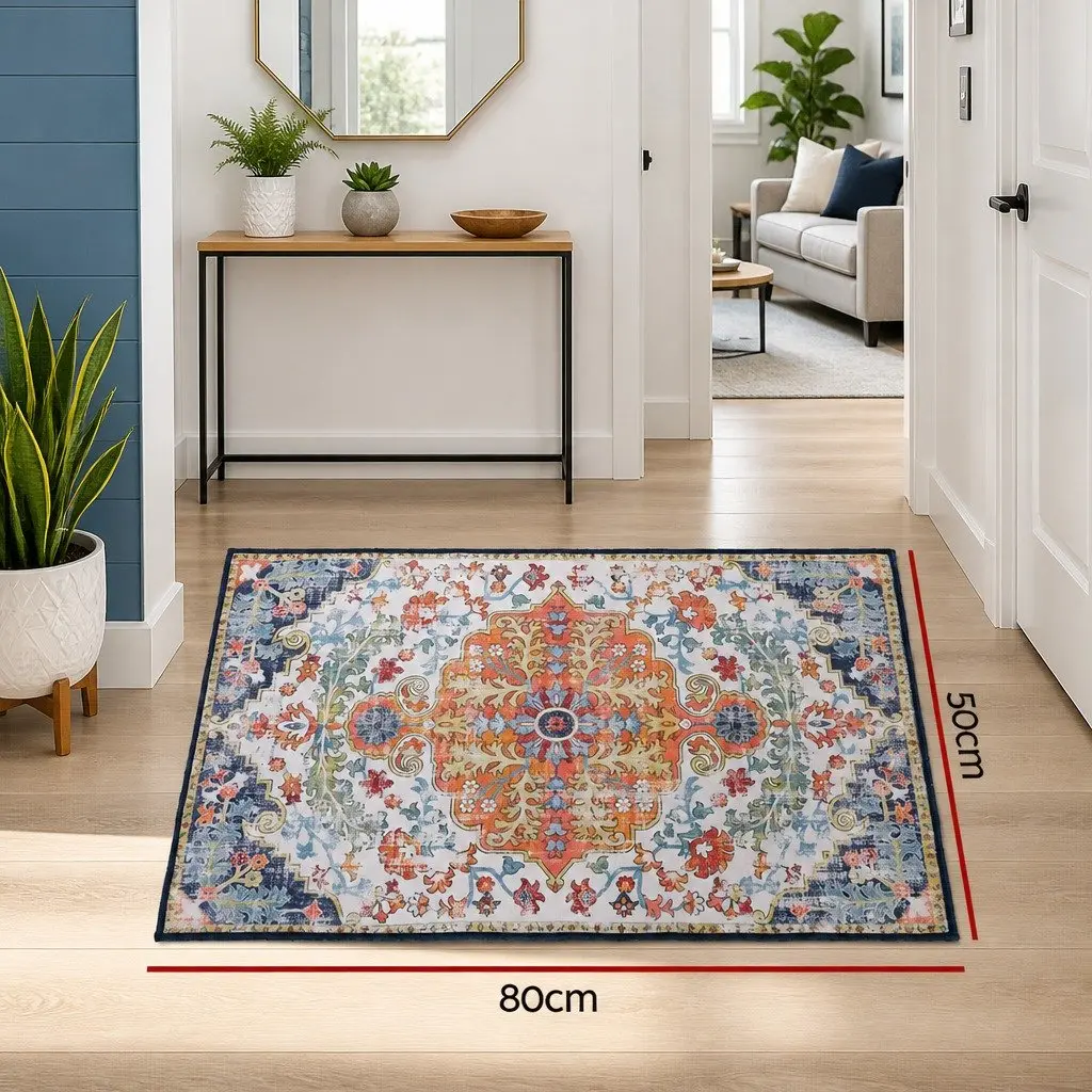 Floor Rug Vintage Medallion Pattern 50x80cm Beige Blue Orange Flannel Fabric Anti-Slip Backing