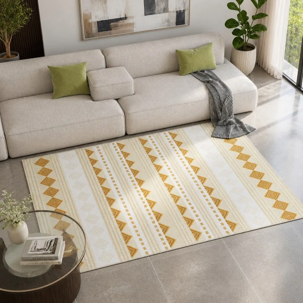 Area Rug Bohemian Style 160x230cm Washable Soft Pile Yellow and White