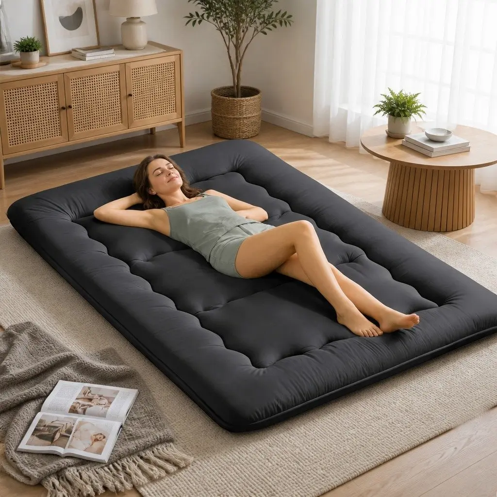 Double Mattress 10cm Thick Foldable Japanese Floor Mattress Black Microfibre Cover