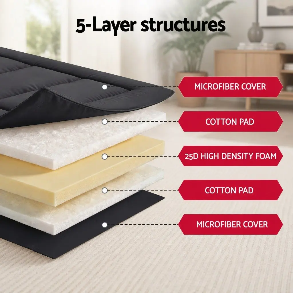 Double Mattress 10cm Thick Foldable Japanese Floor Mattress Black Microfibre Cover