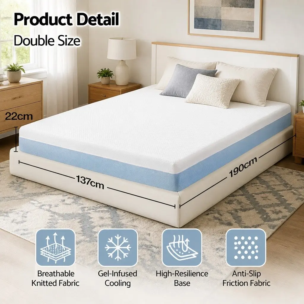 Memory Foam Mattress Cooling Gel Medium Firm 22cm Double White Blue