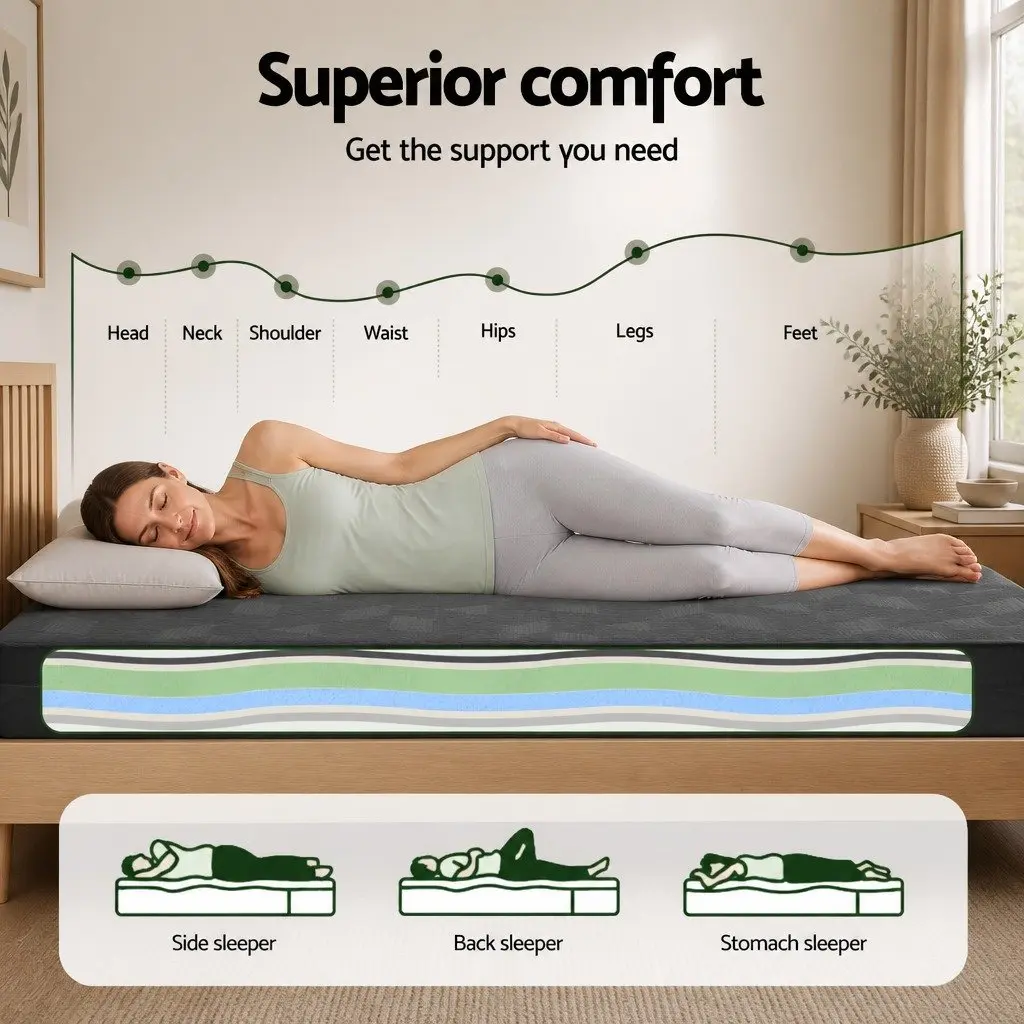 King Single Memory Foam Mattress 18cm Cooling Gel Green Tea Foam Medium Firm Black