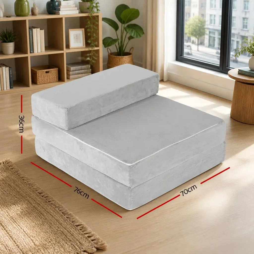 Foldable Foam Mattress Queen Size Light Grey Portable Velvet Cover