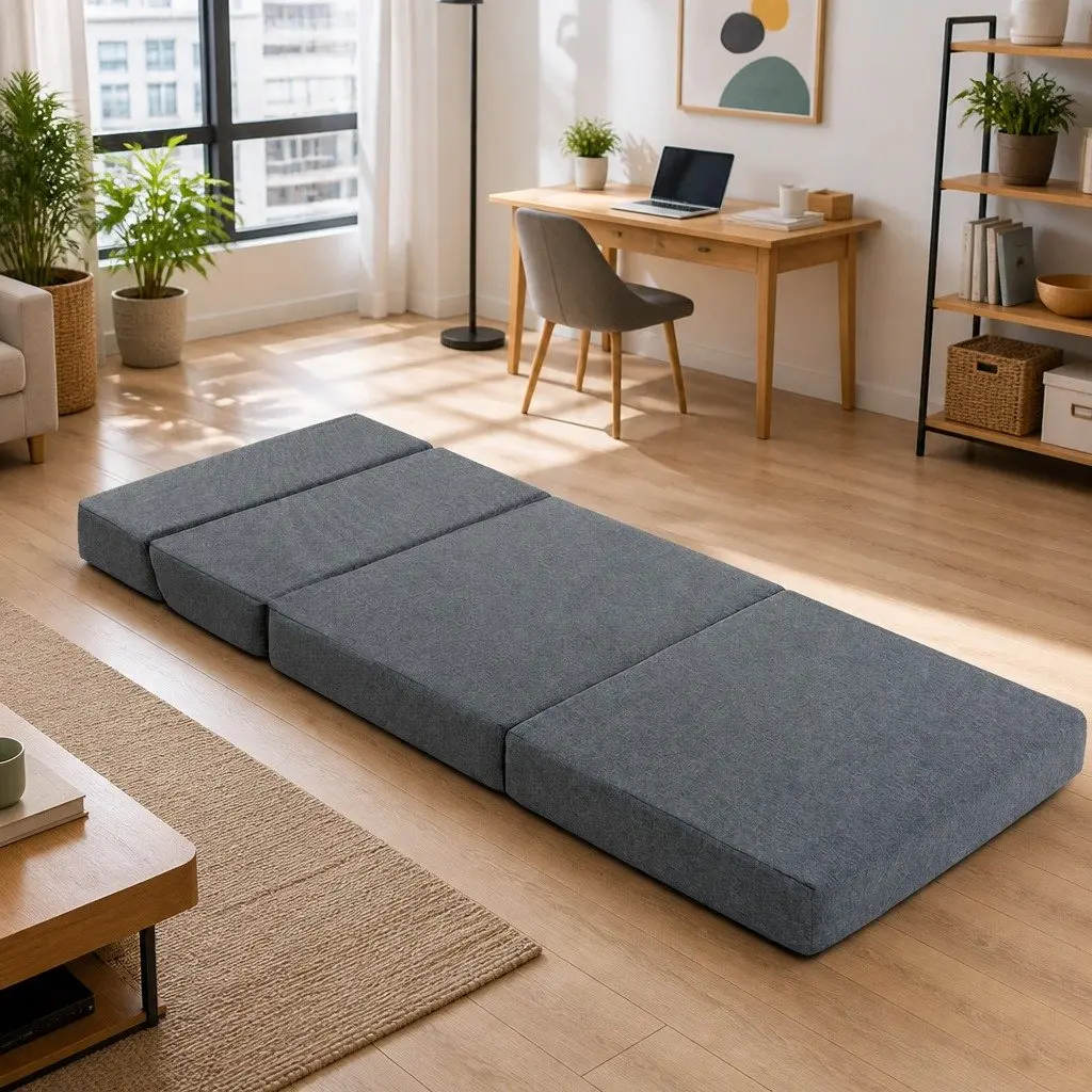 Foldable Foam Mattress Sofa Bed Grey Single Bed Couch for Small Spaces