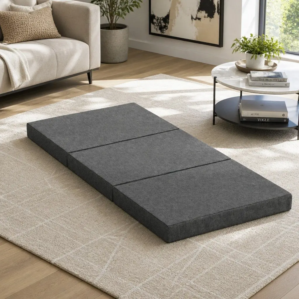 Foldable Foam Mattress Chair Single Bed Medium Firmness Grey Removable Washable Cover