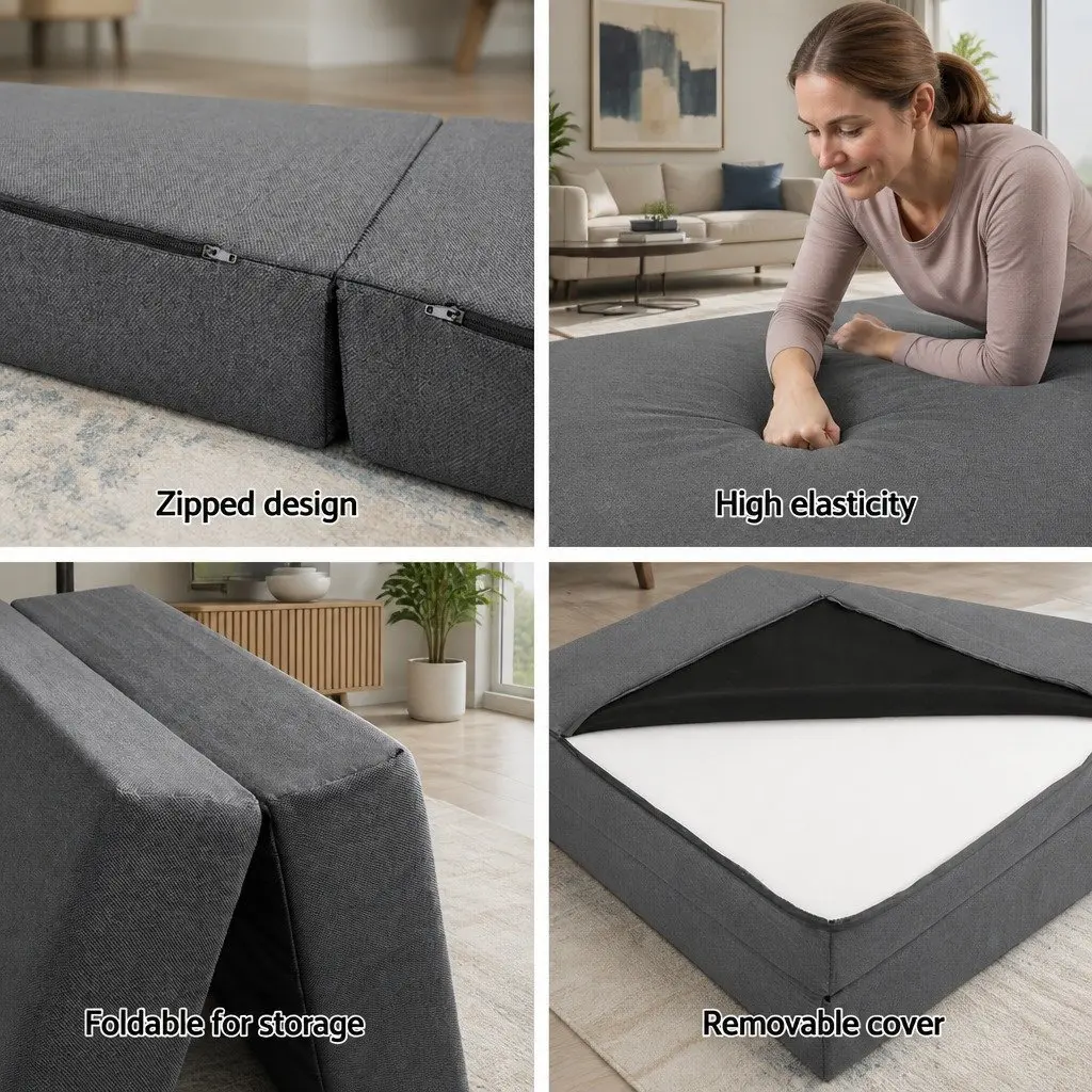 Foldable Foam Mattress Chair Single Bed Medium Firmness Grey Removable Washable Cover
