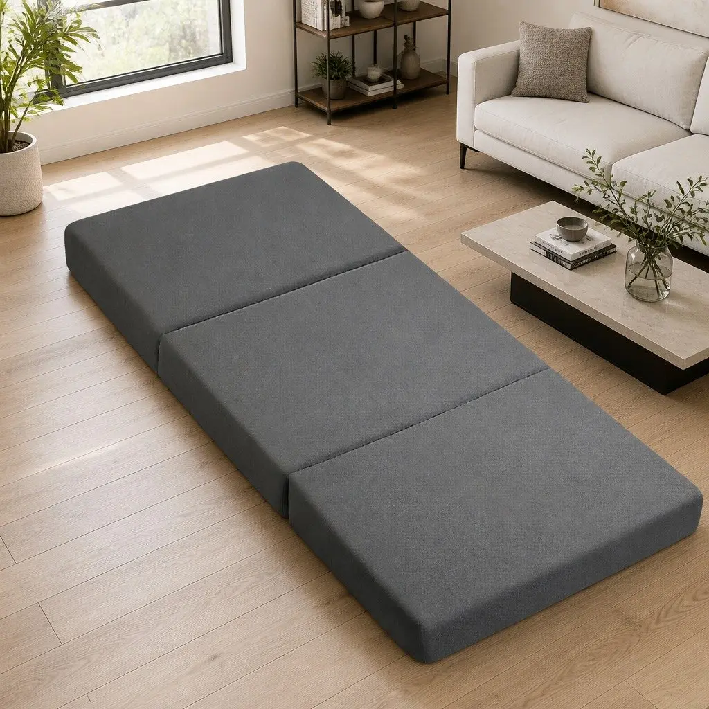 Foldable Foam Mattress Chair Single Bed Medium Firmness Grey Removable Washable Cover