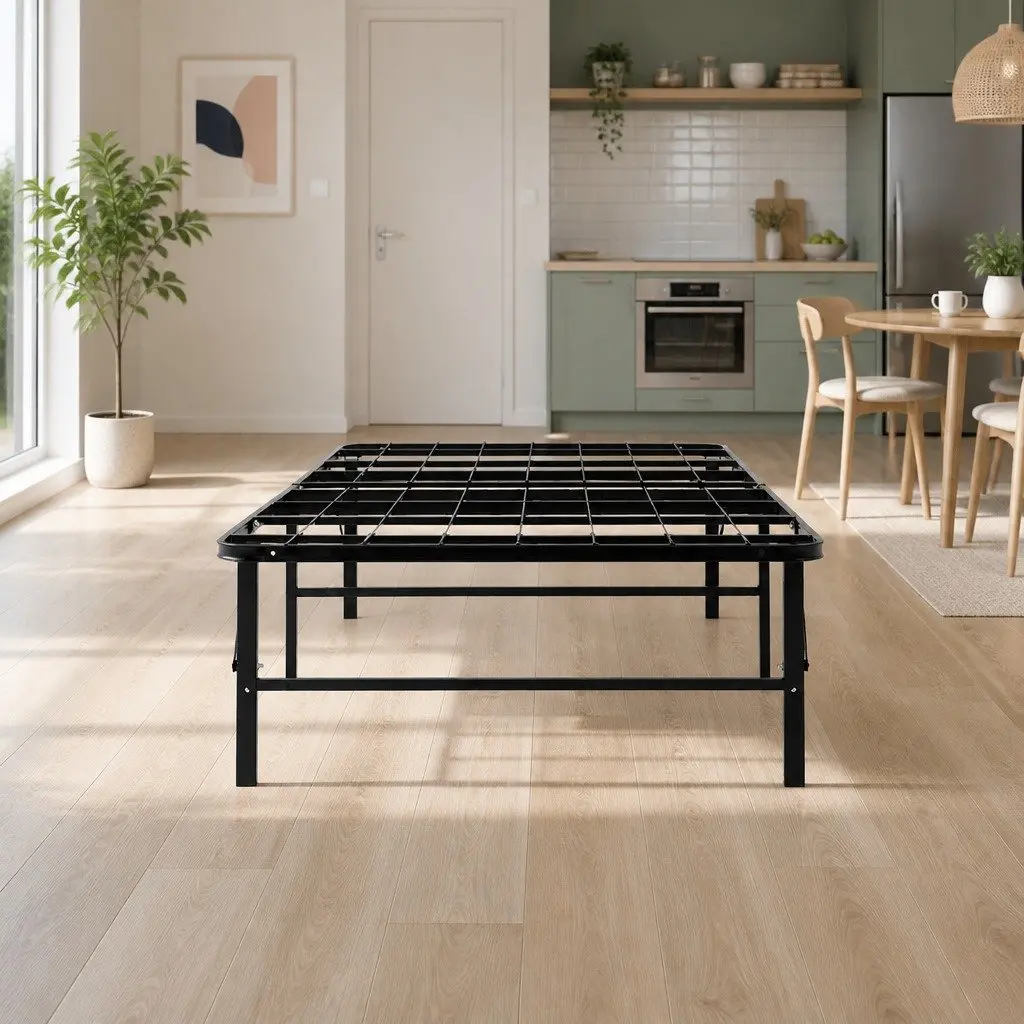 Single Folding Bed Frame Metal Base Black Easy Assembly Under-Bed Storage