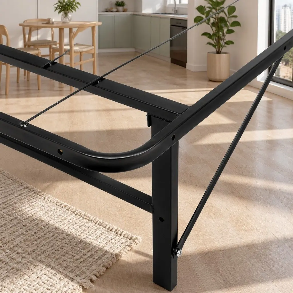 Single Folding Bed Frame Metal Base Black Easy Assembly Under-Bed Storage