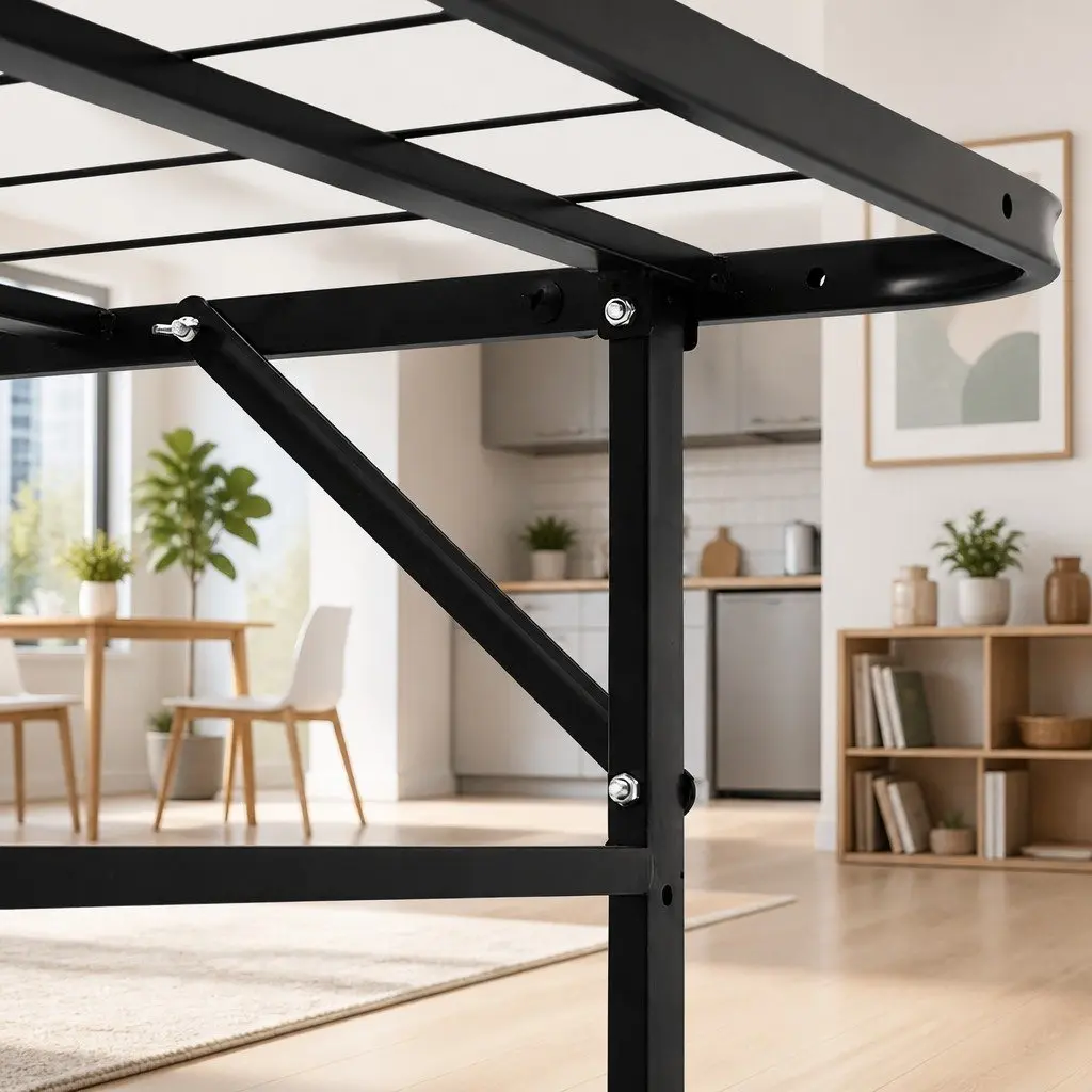 Single Folding Bed Frame Metal Base Black Easy Assembly Under-Bed Storage