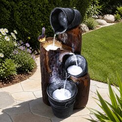 Solar Water Feature Cascading Fountain 3-Tier Bucket Design LED Light Garden