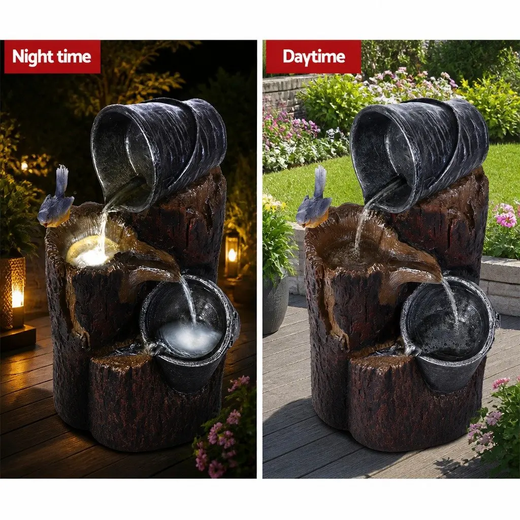 Solar Water Feature Cascading Fountain 3-Tier Bucket Design LED Light Garden