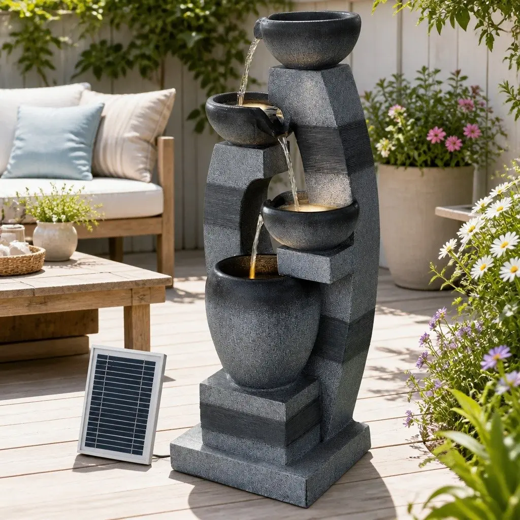 Solar Fountain Water Feature 4-Tier Cascading Indoor Outdoor Decorative Grey