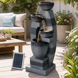 Solar Fountain Water Feature 4-Tier Cascading Indoor Outdoor Decorative Grey