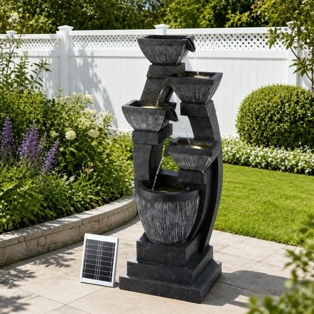 5-Tier Cascading Solar Fountain Water Feature Indoor Outdoor Garden Decoration Black Polyresin