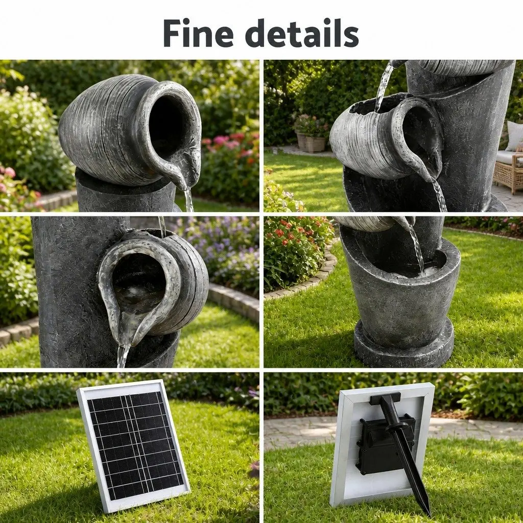 Solar Cascading Fountain 3-Tier Pot Water Feature LED Lights Garden Outdoor 80CM